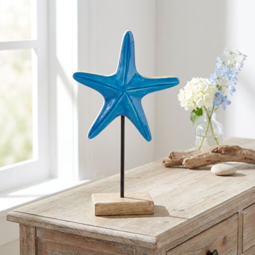 Prodotto Decorazione stella marina su base legno naturale blu marittimo H25cm
