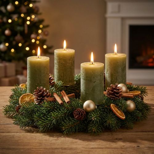 Candele a colonna color verde oliva tinta unita 60×80 mm, confezione da 4, per decorazioni e Avvento | Floristik24.it