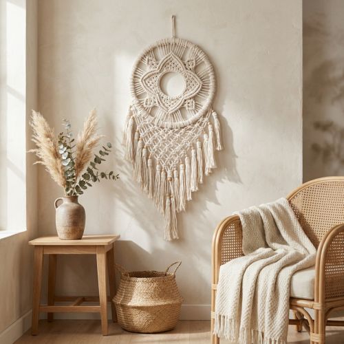 Acchiappasogni in macramè, decorazione da parete in stile boho color crema, fatto a mano, 29×72 cm, per soggiorno e camera da letto | Floristik24.it