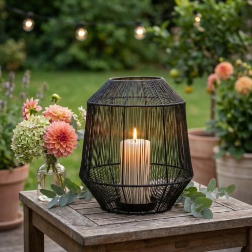 Portacandele nero, lanterna decorativa, cestino in filo metallico, Ø24cm, H28cm | Floristik24.it