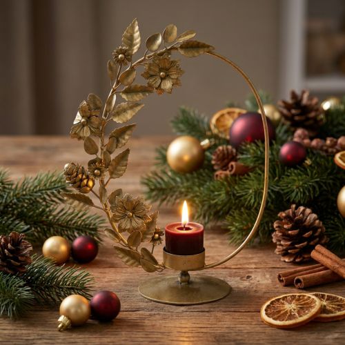 Portacandela oro deco anello fiori coni H29.5cm | Floristik24.it
