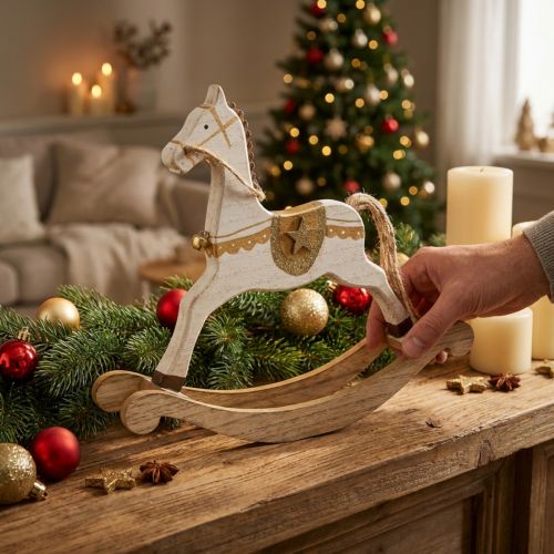 Cavallo a dondolo in legno, decorazione natalizia bianco dorato H24cm | Floristik24.it