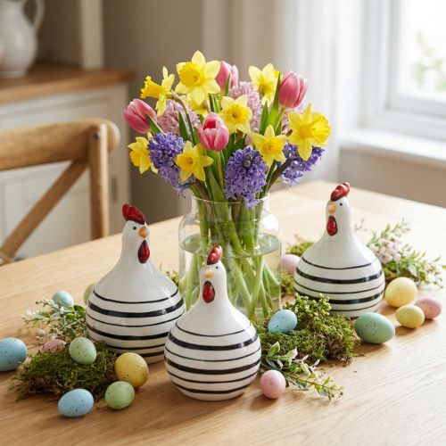 Pollo decorativo in ceramica bianco con strisce nere rotondo Ø 7cm H11cm 3 pz | Floristik24.it