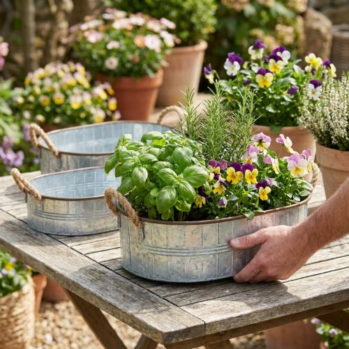 Vaso per piante con manici, ciotola per erbe aromatiche, base argento, marrone L39/35,5/32 cm H10/8,5/7 cm set di 3 | Floristik24.it