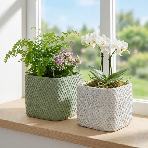 Fioriera in ceramica bianco verde rilievo rete 17x17cm H15cm 2pz | Floristik24.it