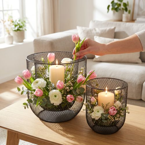 Set di 2 portacandele a cestello in filo metallico nero, Ø28,5/18 cm. | Floristik24.it