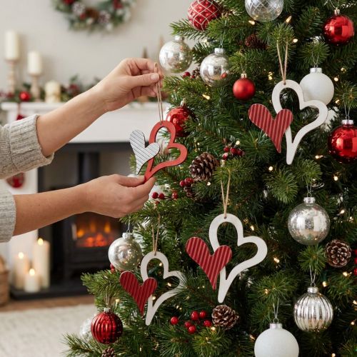 Ciondolo cuore in legno rosso, bianco 8 cm 24 pz | Floristik24.it