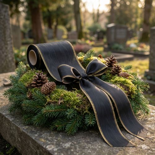 Elegante nastro a corona moiré, 175 mm nero con bordo perlato e trama in taffetà, nastro decorativo per fiori funebri, nastro a fiocco, 25 m | Floristik24.it