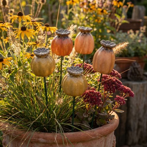 Prodotto Paletto da giardino con baccello di semi di papavero - elemento decorativo per abbellire il giardino e per progetti fai da te - 41 cm, 4 pezzi