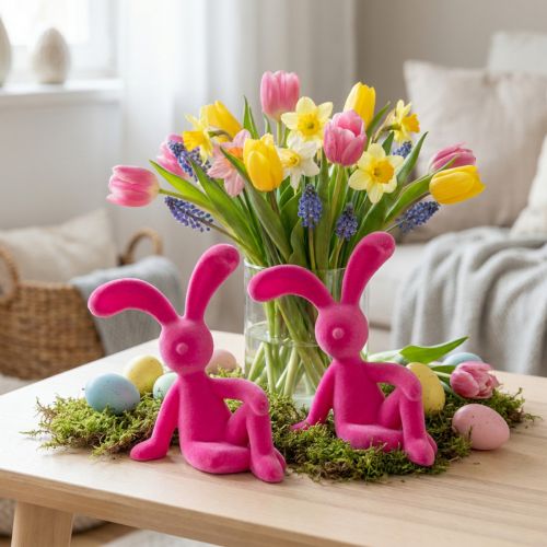 Coniglio decorativo seduto come elemento decorativo primaverile per soggiorno o ufficio, 22 cm, 2 pezzi | Floristik24.it