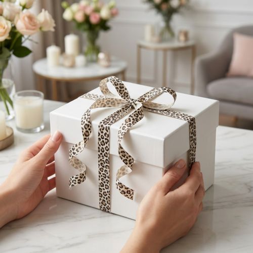 Prodotto Nastro regalo con stampa leopardata per decorazioni creative, nastro arricciabile 10 mm 100 m