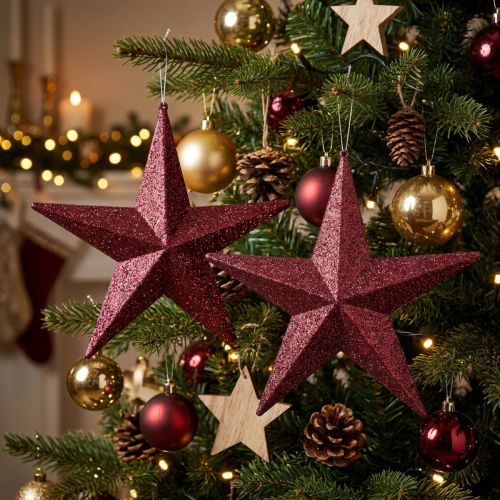 Gruccia decorativa a forma di stella glitterata bordeaux, 21 cm, 2 pezzi | Floristik24.it