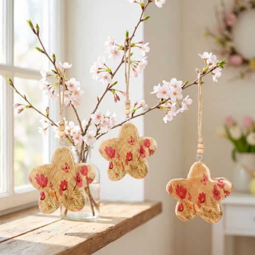Prodotto Ciondolo in legno fiori primaverili in rosa naturale H9cm 4 pz