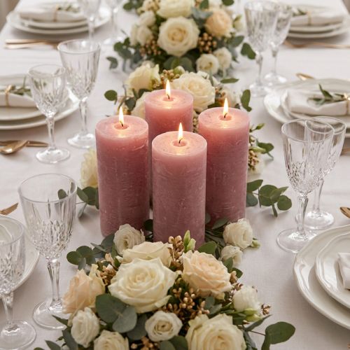 Candele a colonna color rosa antico 70×120 mm, tinte in massa, set da 4, candele decorative per matrimoni e casa | Floristik24.it