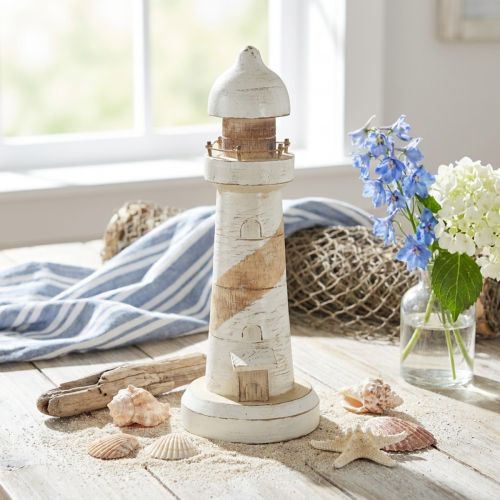 Faro in legno, decorazione marittima, bianco naturale, Ø10,5 cm, H28,5 cm | Floristik24.it