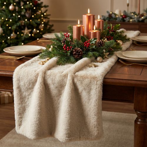 Runner da tavolo ecopelliccia beige, fascia da tavolo in pelliccia decorativa 15×200cm | Floristik24.it