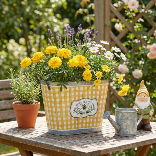 Prodotto Vaso ovale per piante con decorazione a forma di ape, motivo a scacchi, decorazione estiva, fioriera, 38×24×29 cm
