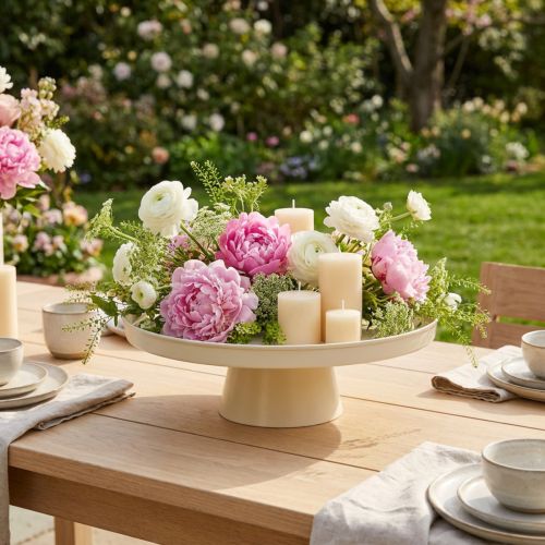 Vassoio decorativo rotondo color crema, 30 cm, con supporto, per la decorazione della tavola. | Floristik24.it
