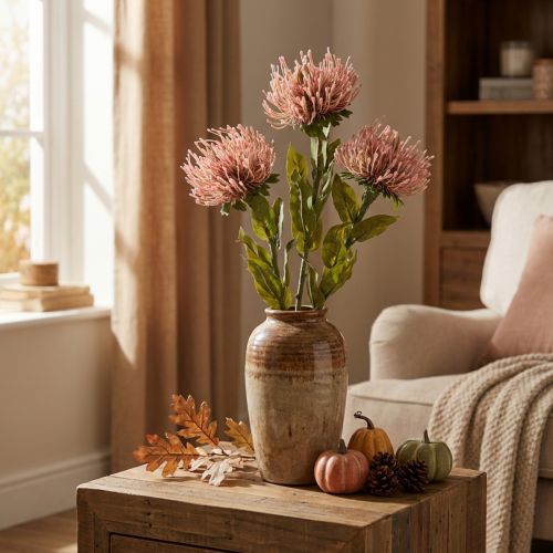 Puntaspilli fiore autunnale artificiale Protea Rosa Leucospermum 73 cm 3 pezzi | Floristik24.it