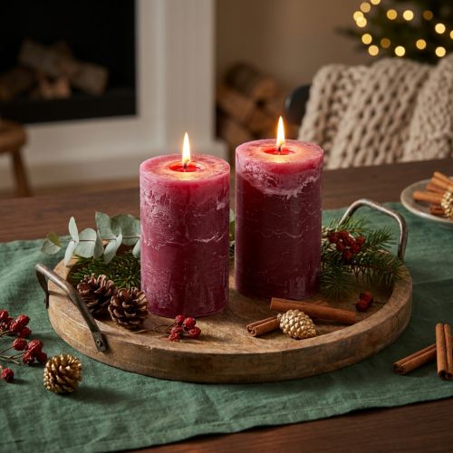 Candele a colonna colorate, stile Berry, 85x120 mm, set da 2, rosse, decorative | Floristik24.it