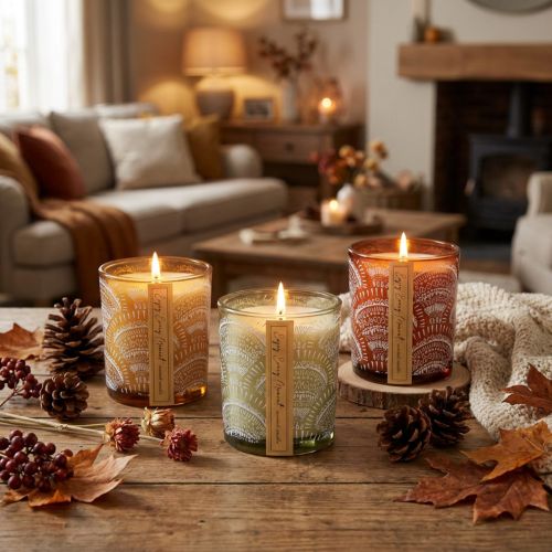 Prodotto Candele profumate in vetro con coperchio in legno di sandalo H8,5 cm 3 pz