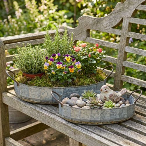Ciotola per fiori in metallo e vassoio in zinco antico, set di 2 L45cm/59cm | Floristik24.it