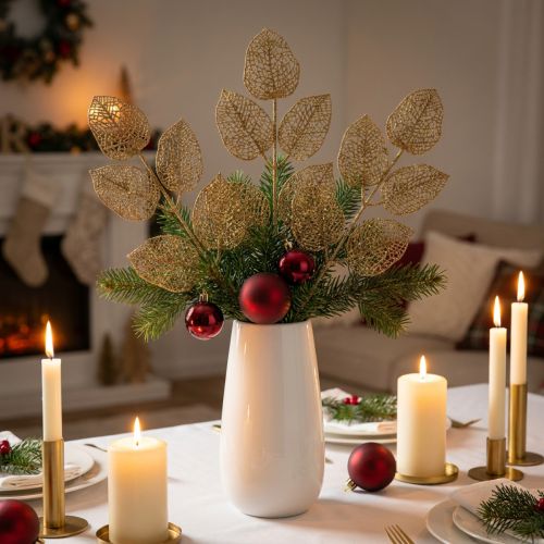 Prodotto Piante artificiali, decorazione di rami, foglie decorative glitter dorate L36cm 10 pz