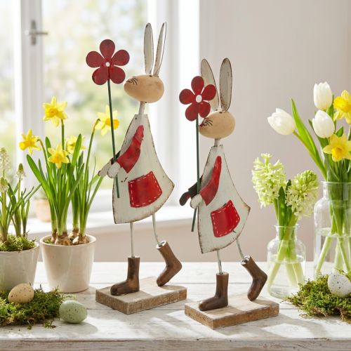 Decorazione pasquale, coniglio in metallo, decorazione primaverile, coniglietto pasquale con fiore rosso, beige H21cm 2pz | Floristik24.it