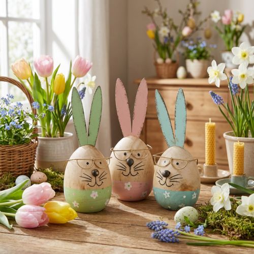 Coniglietto pasquale con occhiali figura decorativa uovo in legno Ø5cm H13.5cm 3pz | Floristik24.it