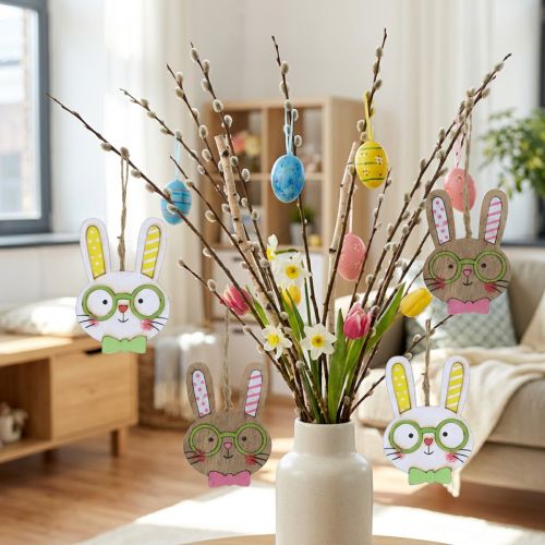 Divertente decorazione coniglietto pasquale testa di coniglio in legno da appendere 7,5 cm 12 pz | Floristik24.it