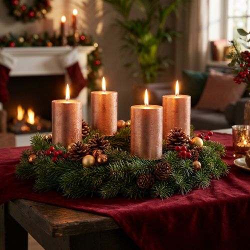 Candele a colonna in metallo color rame, 60x80 mm, set da 4, decorazione dell'Avvento | Floristik24.it
