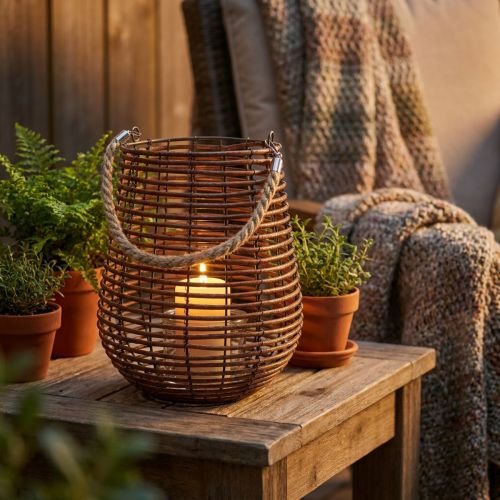 Candela in cesto, lanterna con manico, decoro candela, lanterna cesto Ø24cm H34cm | Floristik24.it