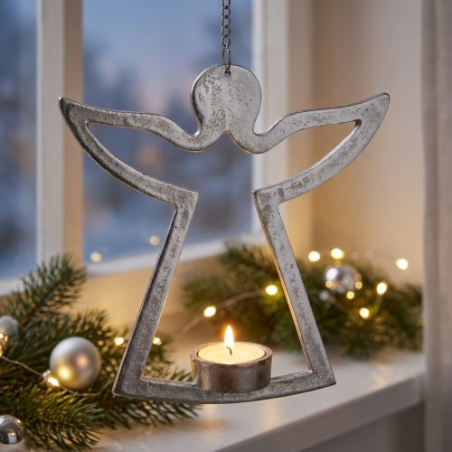Portacandela con angelo, decorazione candela da appendere, metallo argento H20cm | Floristik24.it