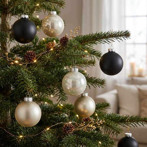 Bauble, addobbi per l'albero di Natale, pallina di Natale nero/argento/madreperla H8.5cm Ø7.5cm vero vetro 12 pezzi | Floristik24.it