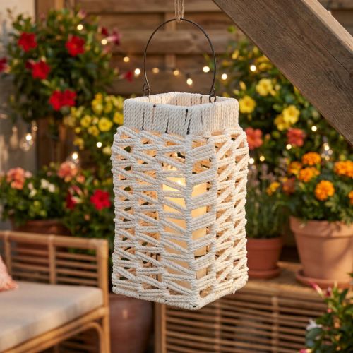 Lanterna da appendere, decorazione estiva, in macramè, altezza 35,5 cm, larghezza 19 cm | Floristik24.it