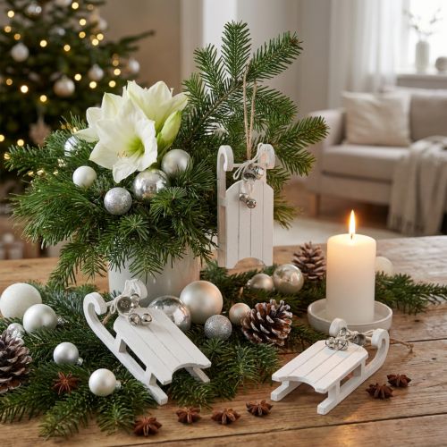 Slitta decorativa bianco argento con cordone per campanello L13 cm 4 pezzi | Floristik24.it