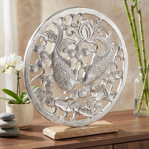 Anello decorativo metallo base legno decorazione loto argento koi Ø32cm | Floristik24.it