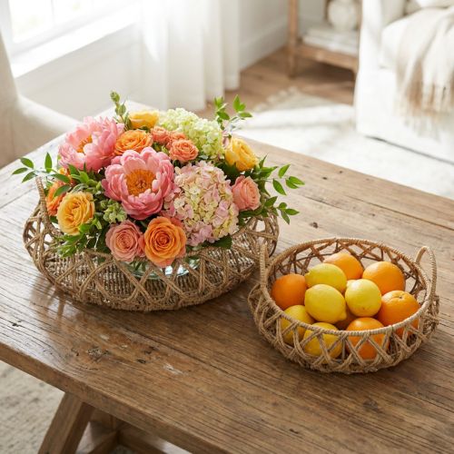 Set di 2 cestini decorativi, metallo, aspetto naturale, ciotola intrecciata con manico, marrone beige, Ø38/29cm | Floristik24.it