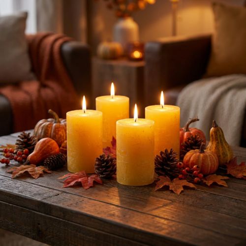 Candele rustiche gialle a colonna 80x110mm confezione da 4 candele sicure - durata di combustione 57 ore, qualità RAL | Floristik24.it