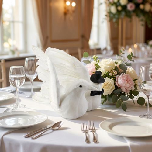 Decorazione per matrimonio, uccello sposi, bianco ricoperto di glitter e piume, 32 cm - Romantica coppia di colombe per decorazione da tavolo | Floristik24.it