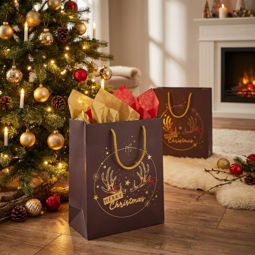 Sacchetto regalo di Natale con corna di cervo marrone/oro 18x10x23cm 2 pezzi | Floristik24.it