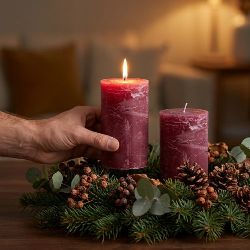Candele a colonna rosse, color bacca, tinte in tutto il corpo, candele decorative 85×150 mm, set da 2, versatili | Floristik24.it