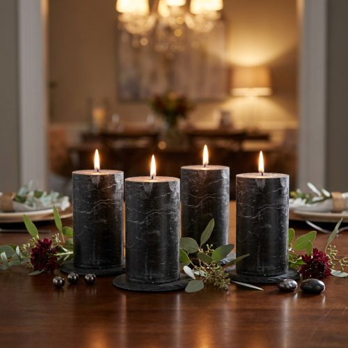 Candele a colonna nere, tinta unita, 70×120 mm, set da 4 - Candele decorative rustiche per una decorazione elegante della tavola e per creare un'atmosfera accogliente | Floristik24.it