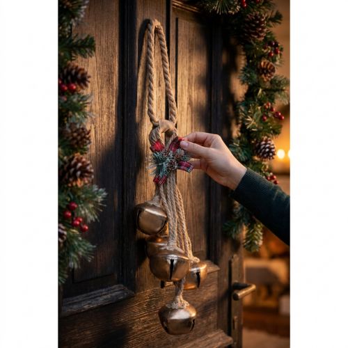Prodotto Grandi campane di Natale dorate con fiocco e rami di abete, decorazione festiva per porte e stanze, 51 cm