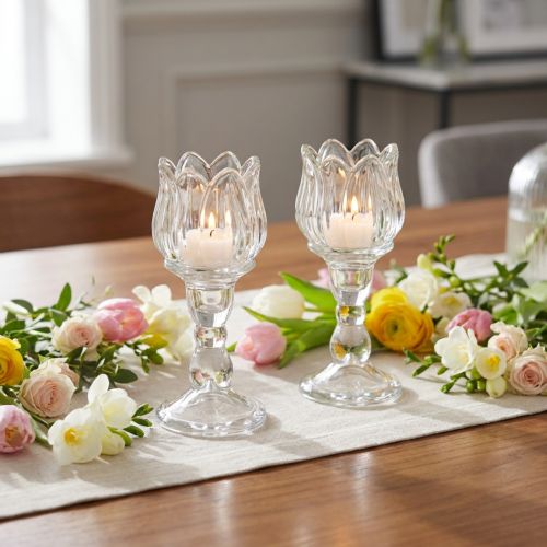 Prodotto Portacandela tulipano in vetro con base trasparente Ø7cm H16cm 2pz