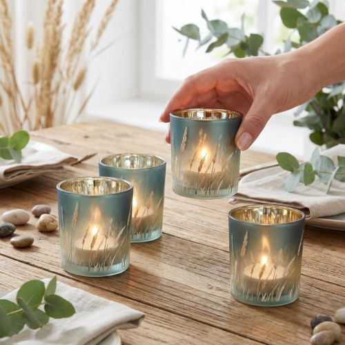 Prodotto Lanterna decorativa in vetro con motivo erba per creare accenti suggestivi nella stanza, blu, 8 cm, 4 pezzi.