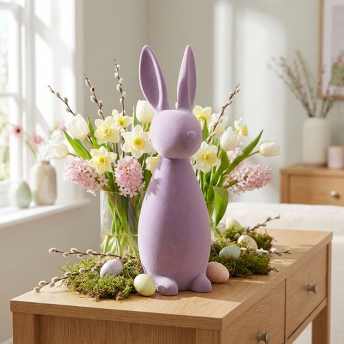 Prodotto Coniglietto pasquale decorativo – Seconda scelta – Lilla viola floccato H47cm