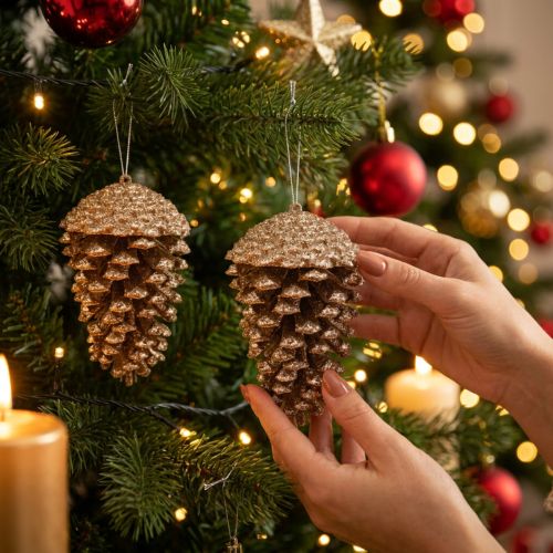 Pigne dorate glitterate, 13 cm, 4 pezzi, decorazioni per albero di Natale | Floristik24.it