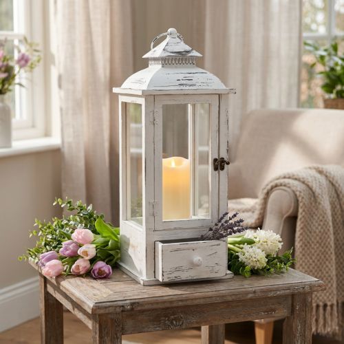 Lanterna decorativa vintage con cassetto bianco 20×20cm H51cm | Floristik24.it