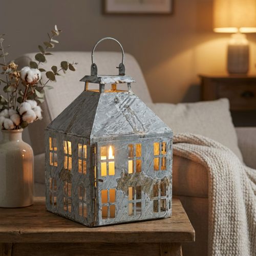 Prodotto Lanterna decorativa vintage in metallo casa luminosa ruggine bianca H35cm